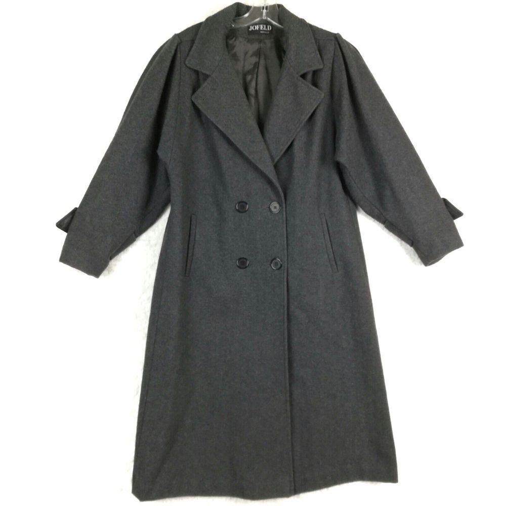 Vtg Jofeld Womens Coat A-Line Double Breasted Wool Blend Gray Midi Puff Sleeve L